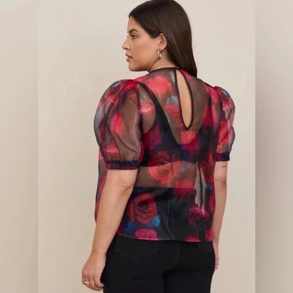 Torrid | Black Red Roses Floral Sheer Organza Puff Sleeve Top Size Medium M 00 - Picture 5 of 6